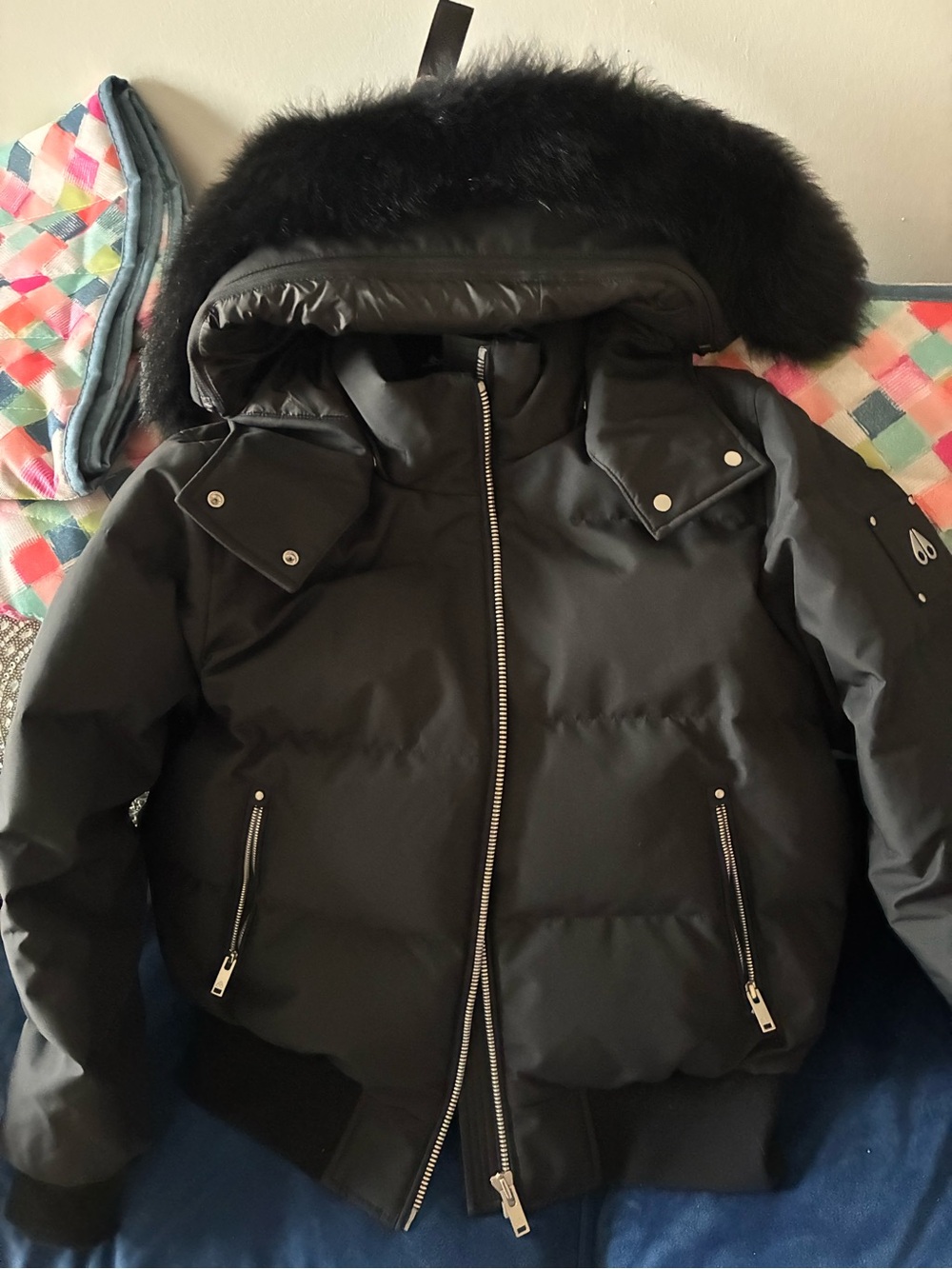 Women’s Moose Knuckles  Black Puffer Jacket with Fur-Trim Hood